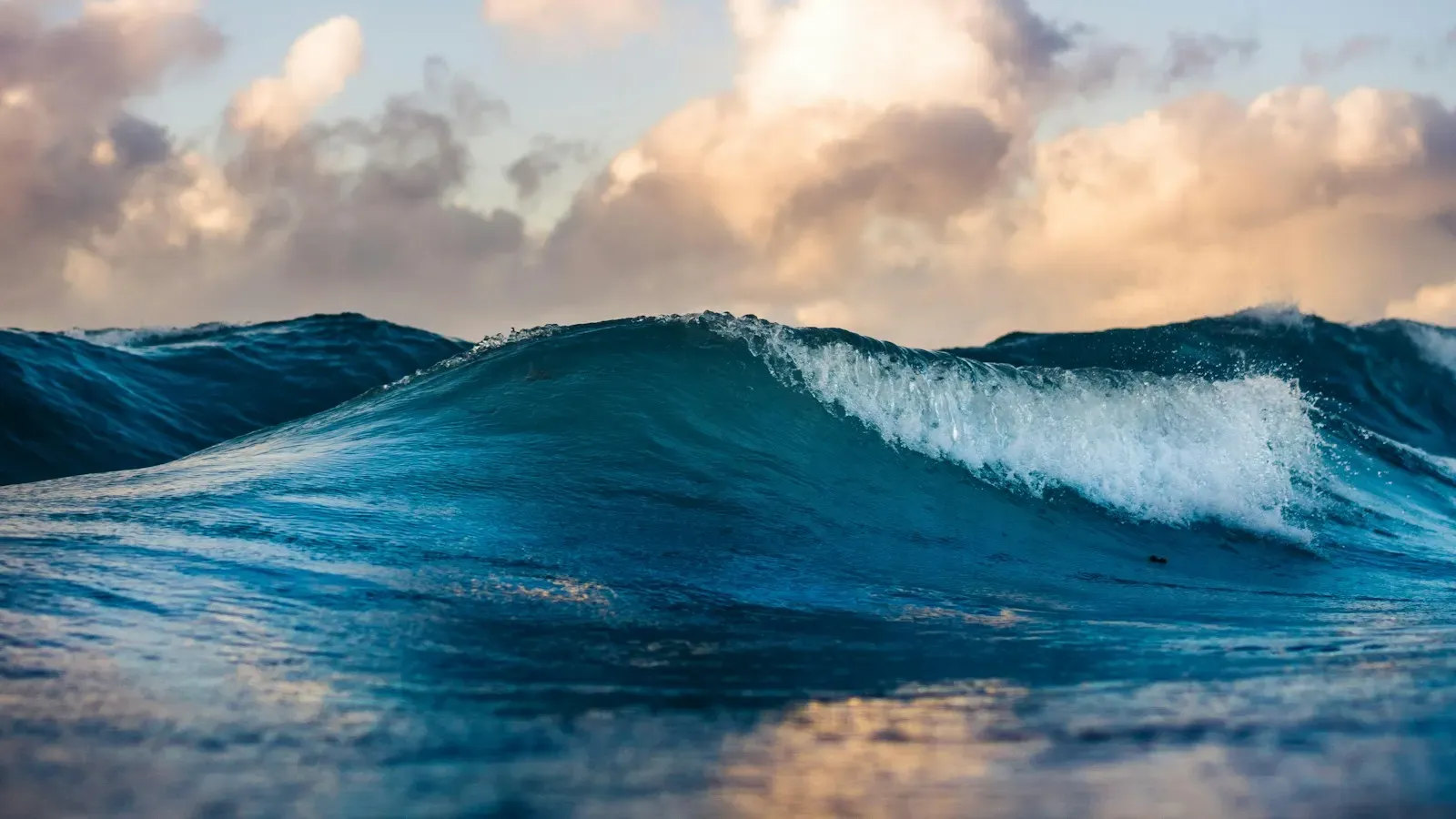 A deep blue ocean wave cresting under a sky of soft golden clouds